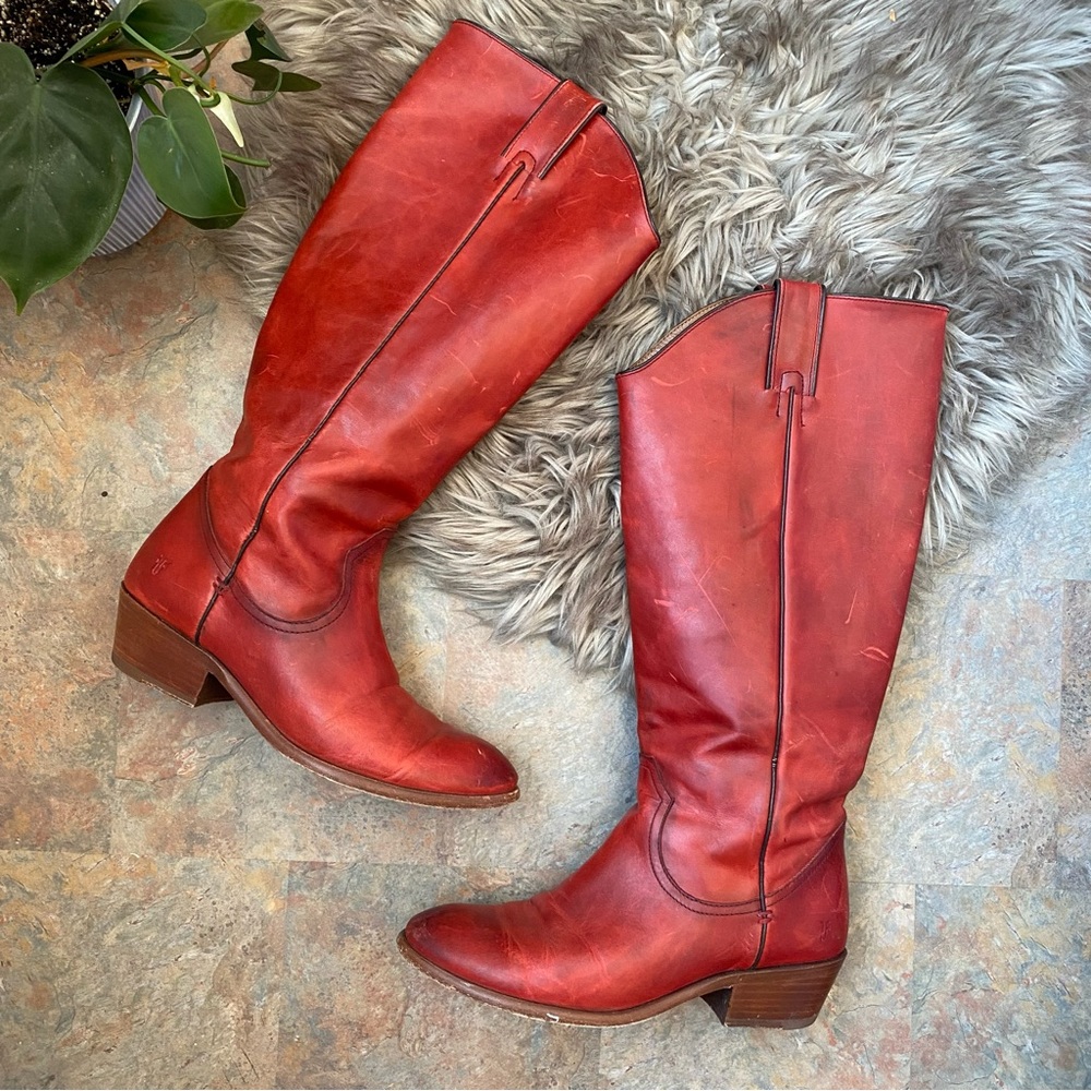 Frye Red Leather Knee-High Heeled Boots